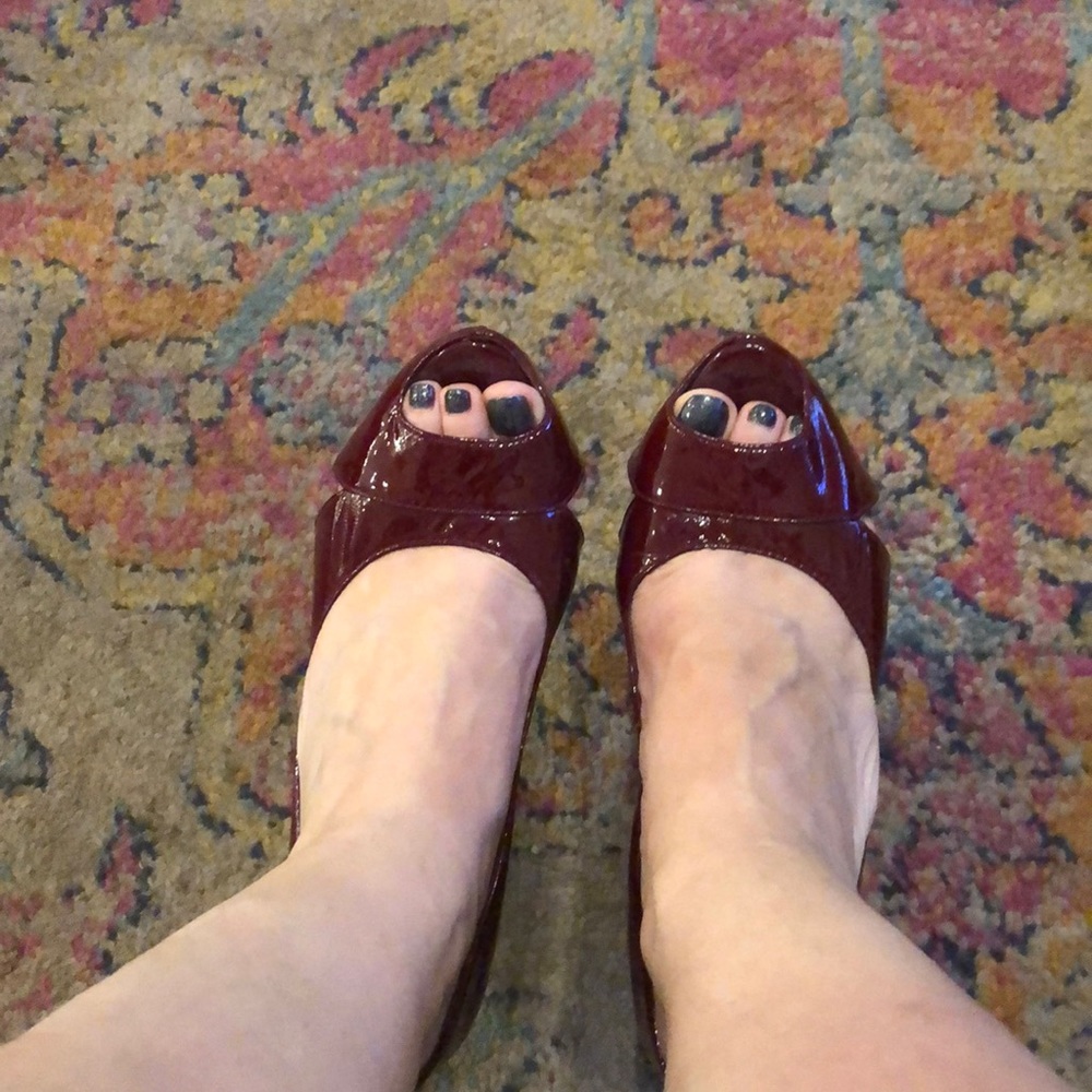 Red patent leather 5 inch heel.